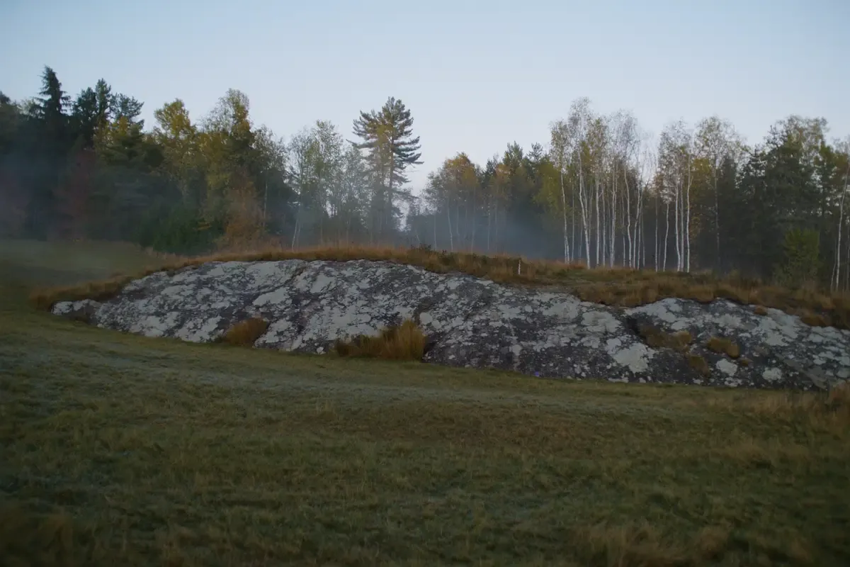Granite bedrock ledge breaking through a field in Maine
